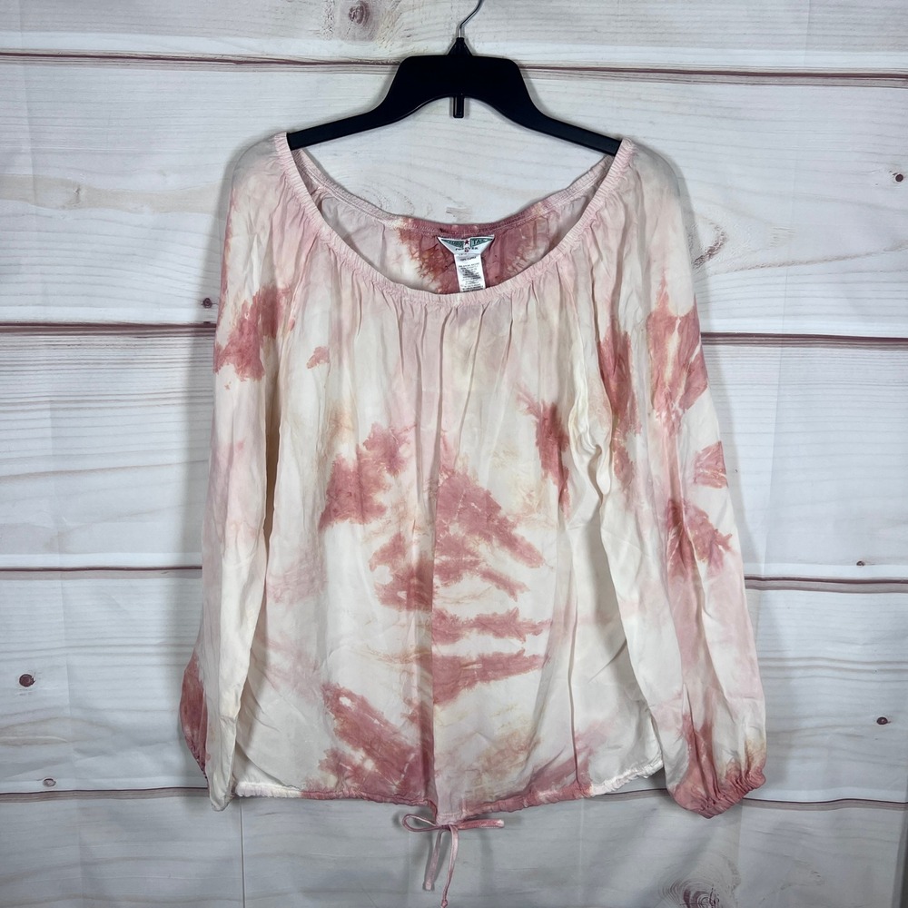 Hard Tail Poet Top Womens S Pink Off-Shoulder Tie Dye Cupra Long Sleeve Blouse